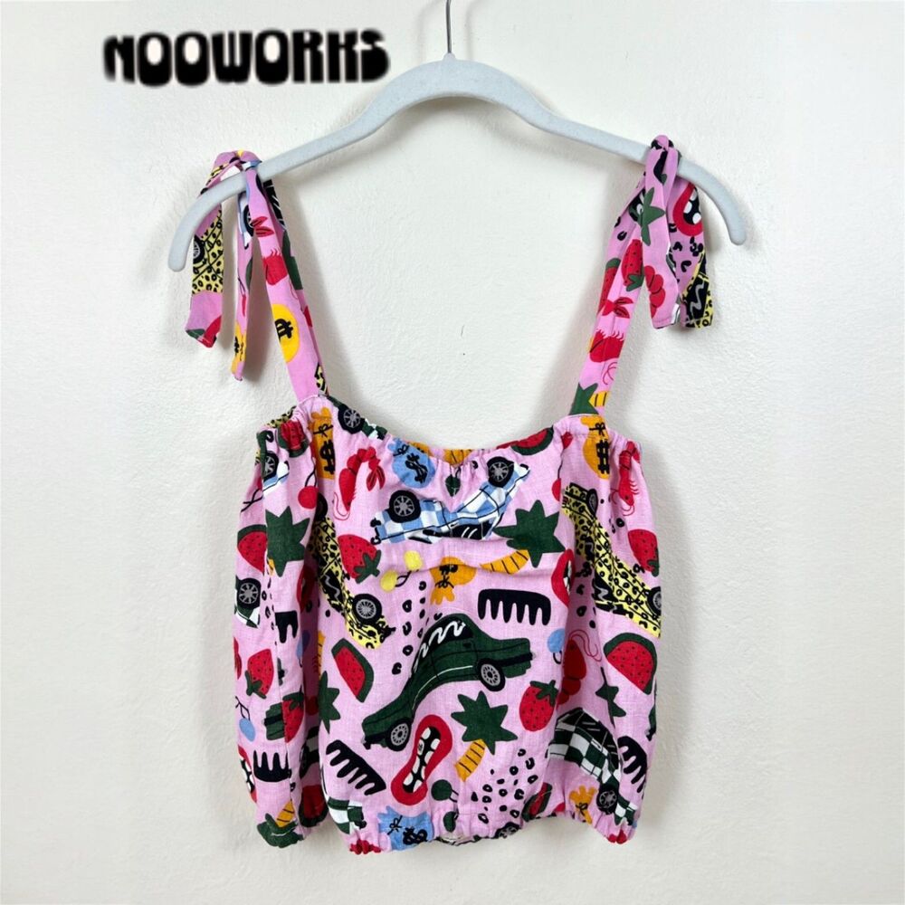 Nooworks Roll Out Print Linen Bubble Crop Top Sz Small *WITH REPAIRABLE FLAWS*